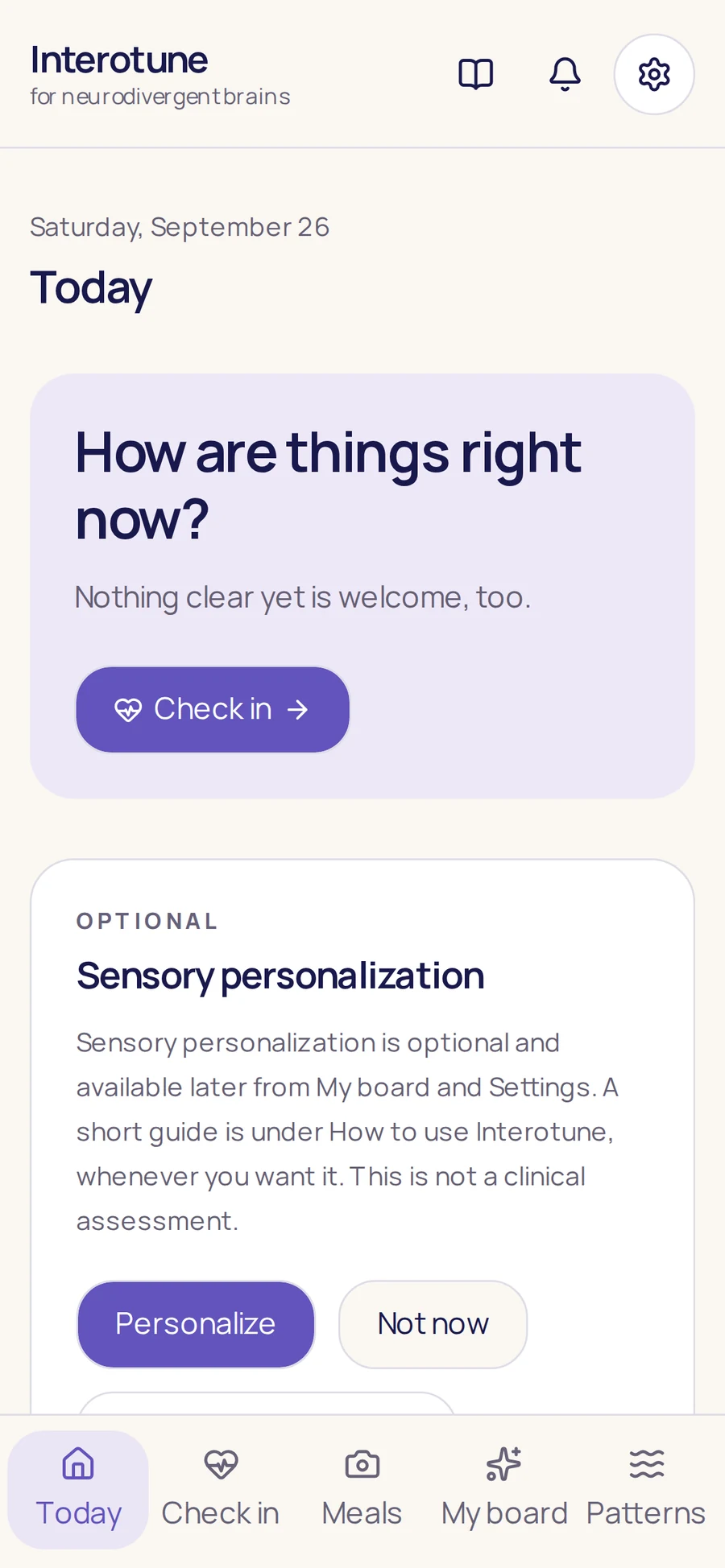 InteroTune's Today screen on a phone: How are things right now? with a Check in button