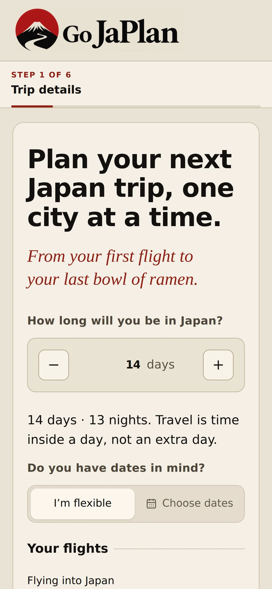 Go JaPlan on a phone: trip details, how long you'll be in Japan