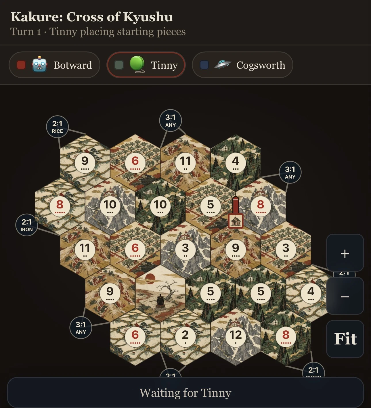 A game of Kakure on a phone: Turn 1, players placing starting pieces on the hex map