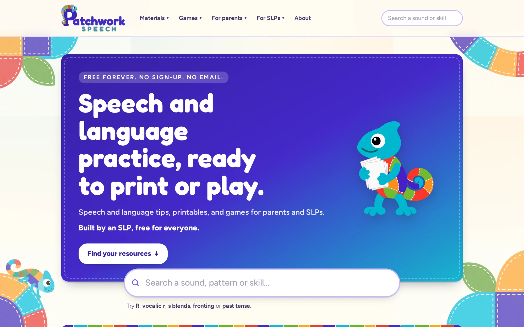 The Patchwork Speech home page: speech and language practice, ready to print or play