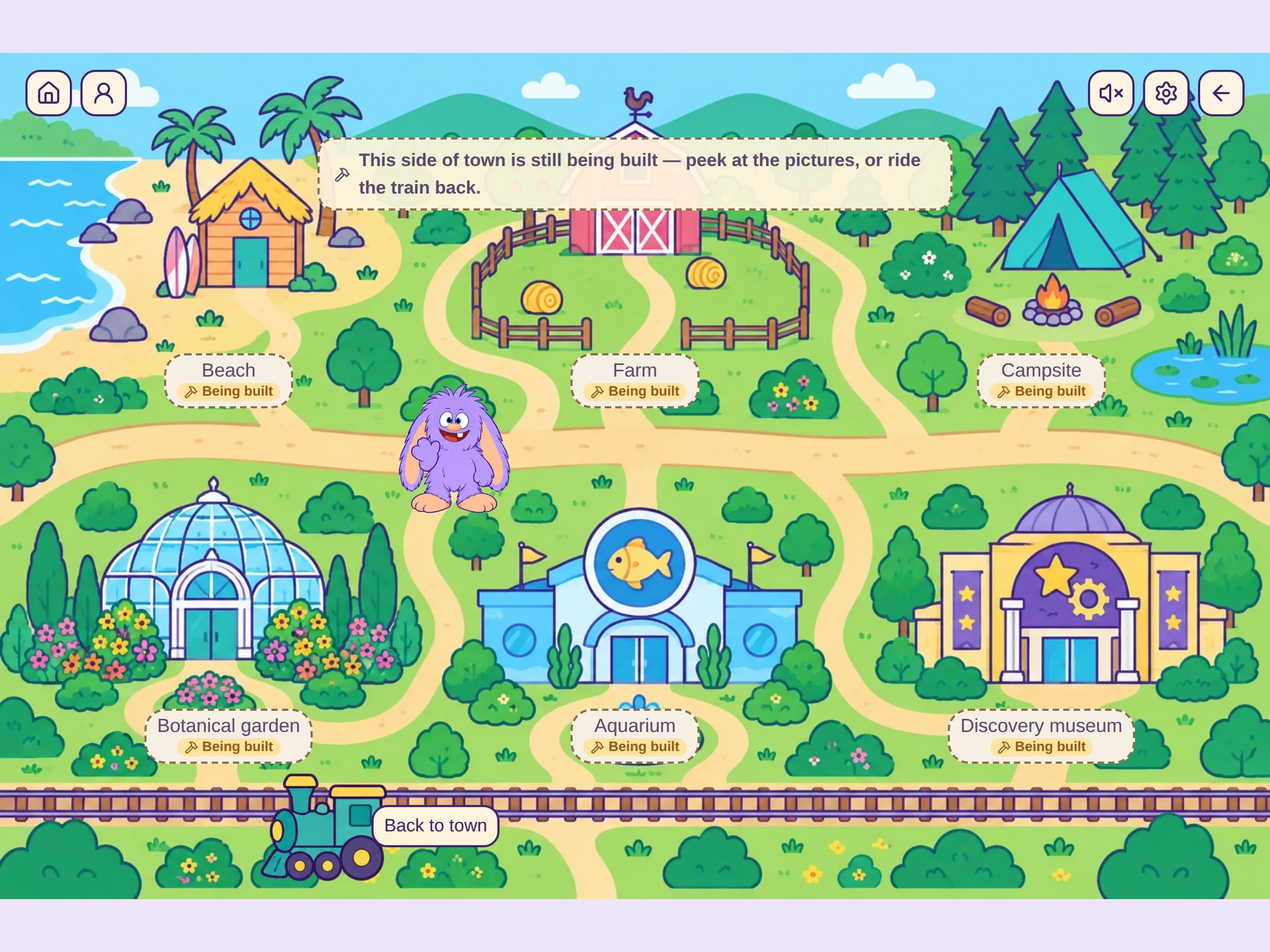 The Wimble's World map beyond town: a beach, farm, campsite, botanical garden, aquarium and discovery museum