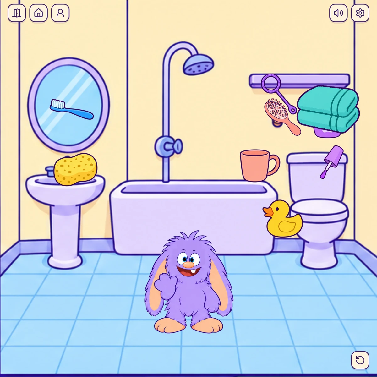 Wimble in the bathroom with a tub, rubber duck and towels