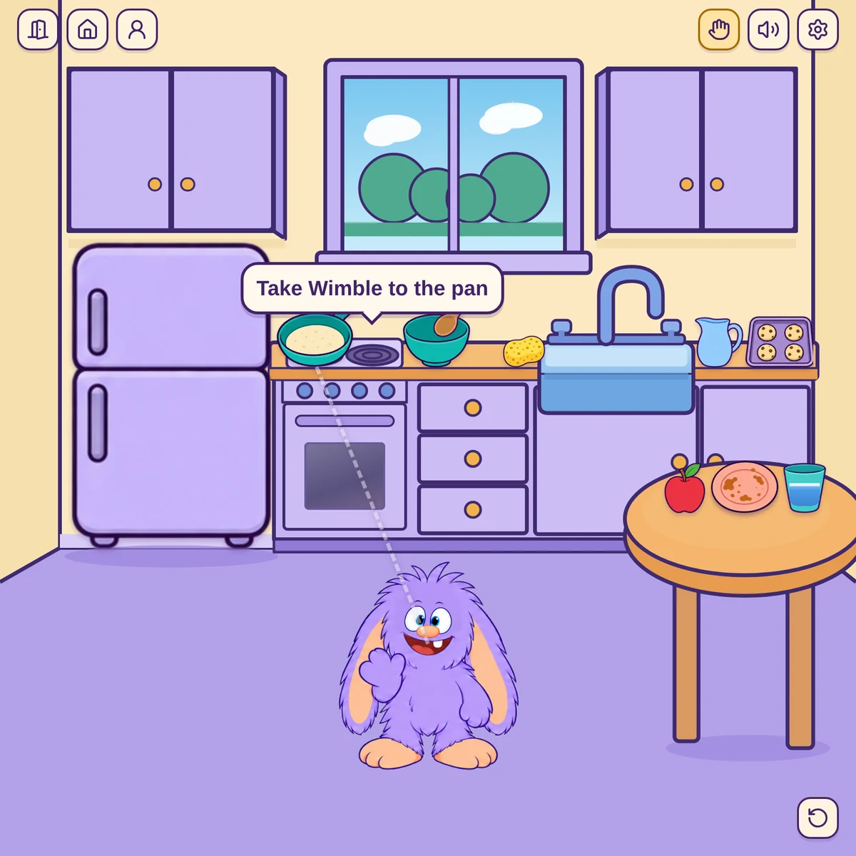 Wimble in the kitchen, beside the fridge, stove and a table of fruit