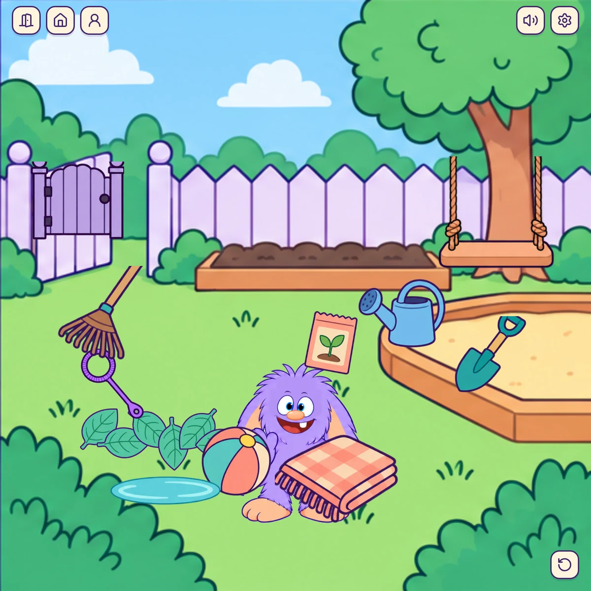 Wimble in the garden with a sandbox, watering can and beach ball
